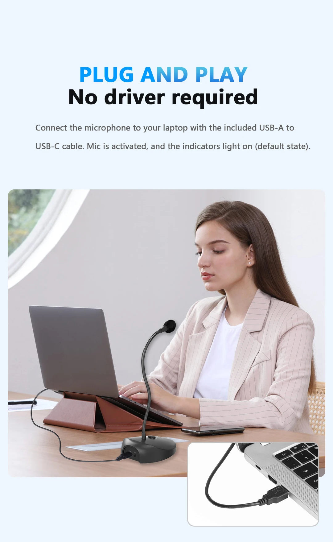 BY-GM12 Desktop Gooseneck Computer Microphone with Base LED Indicator for Meetings Video Conferences Streaming Lectures