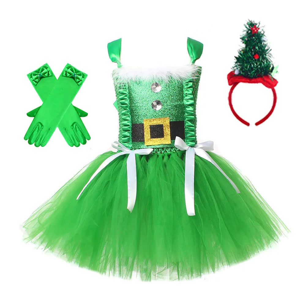 Sparkly Christmas Elf Tutu Dress for Girls Santa Claus Costumes for Kids Birthday Halloween Outfit Children Xmas Holiday Clothes