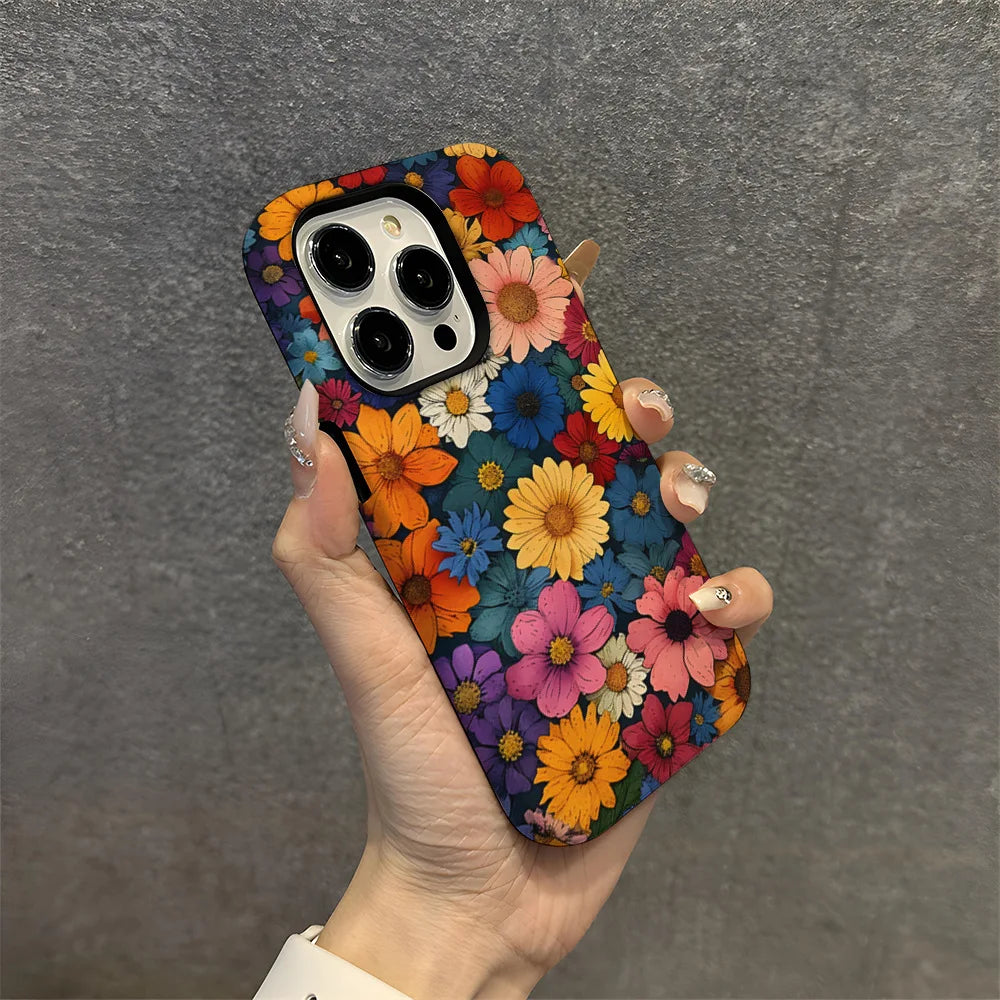 Art Drawing Flower Printed Daisy Phone Case for iPhone 16 15 13 14 Pro Max 16 15 Plus 2 in 1 Hard Protection Cover
