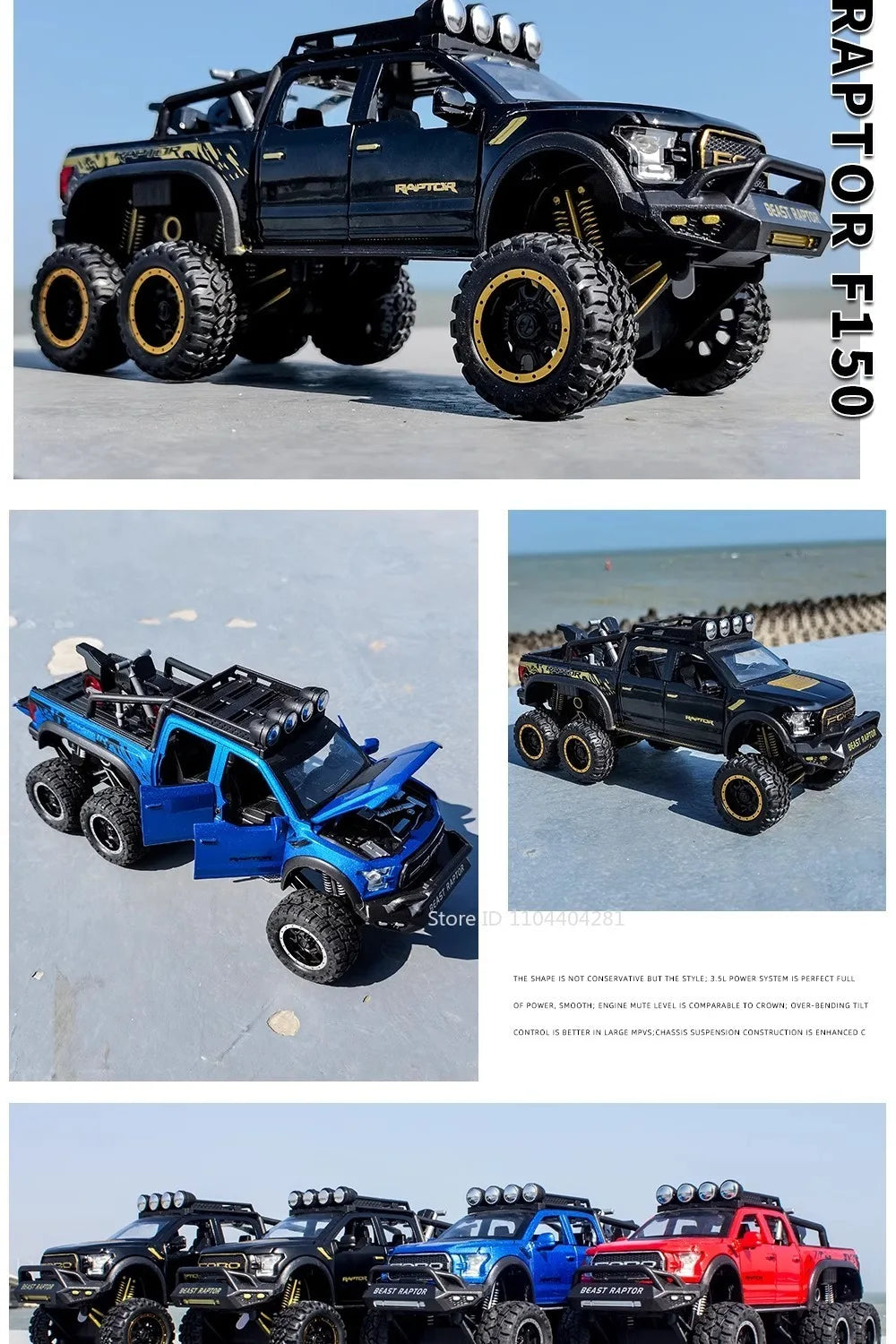 1:24 Mammoth F-150 Raptor Diecast Alloy Model Toy Car Doors Opened Sound Light Pull Back Miniature Vehice Adult Boy Fashion Gift