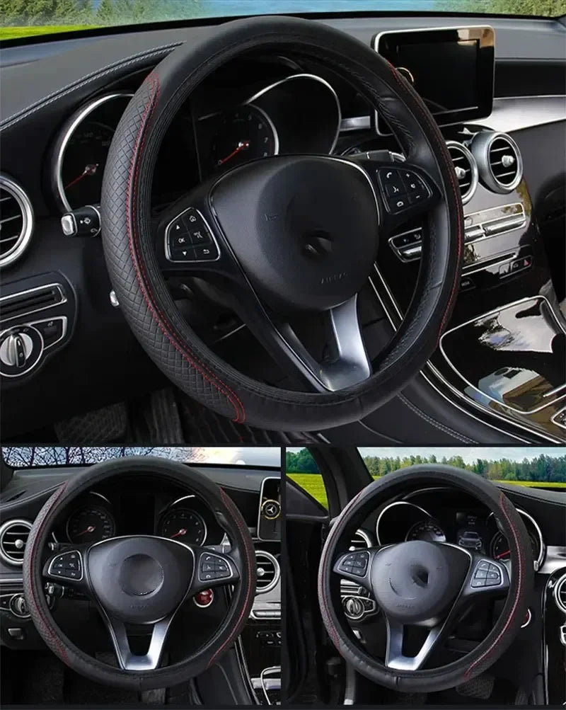 Embossed Leather Car Steering Wheel Cover Anti Slip 37CM 39CM