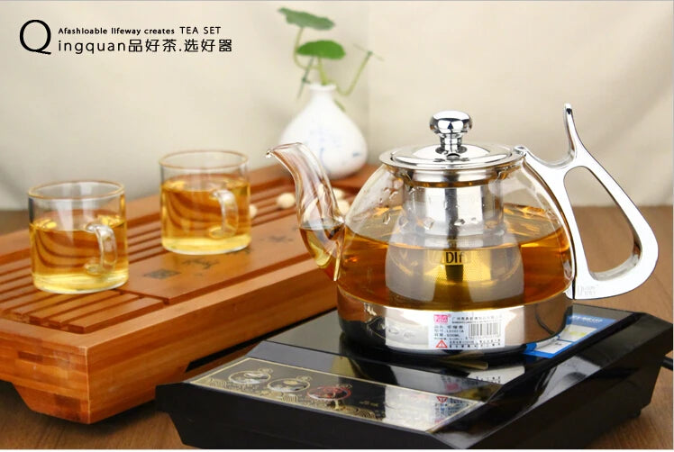 Heat Resistant Borosilicate Glass Teapot with Stainless Steel Infuser for Induction Cooker 1.2L