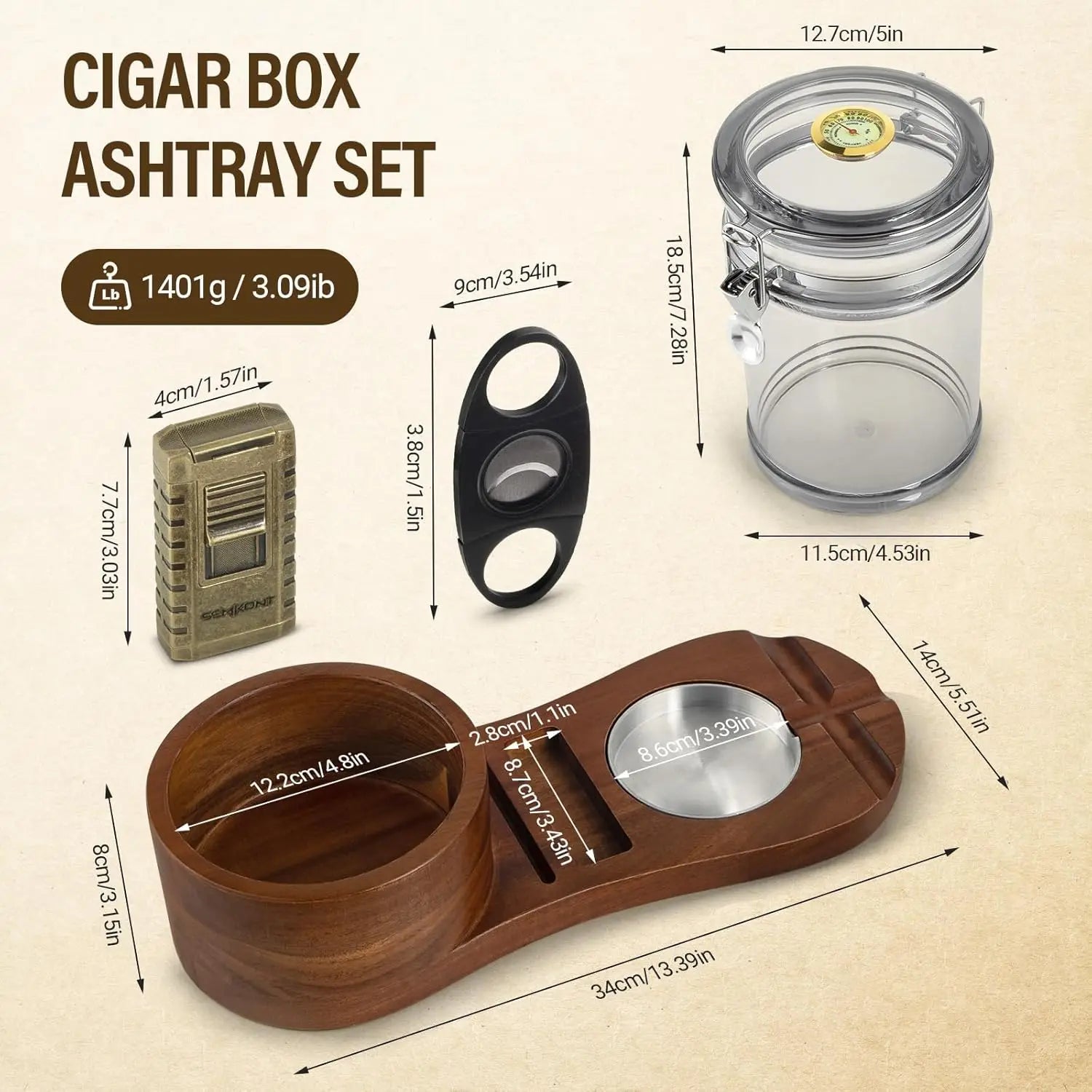 Cigar Humidor, Solid Wood Cigar Ashtray & Acrylic Cigar Jar Kit with Cigar Cutter, Humidifier and Dropper, Holds 18-20 Cigars