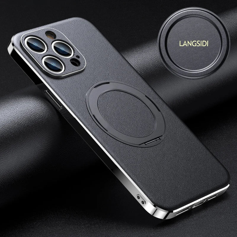 Leather for Magsafe Case for iPhone 16 15 14 Pro Max 16Pro Ring Luxury Lens Protection Holder Phone Back Cover