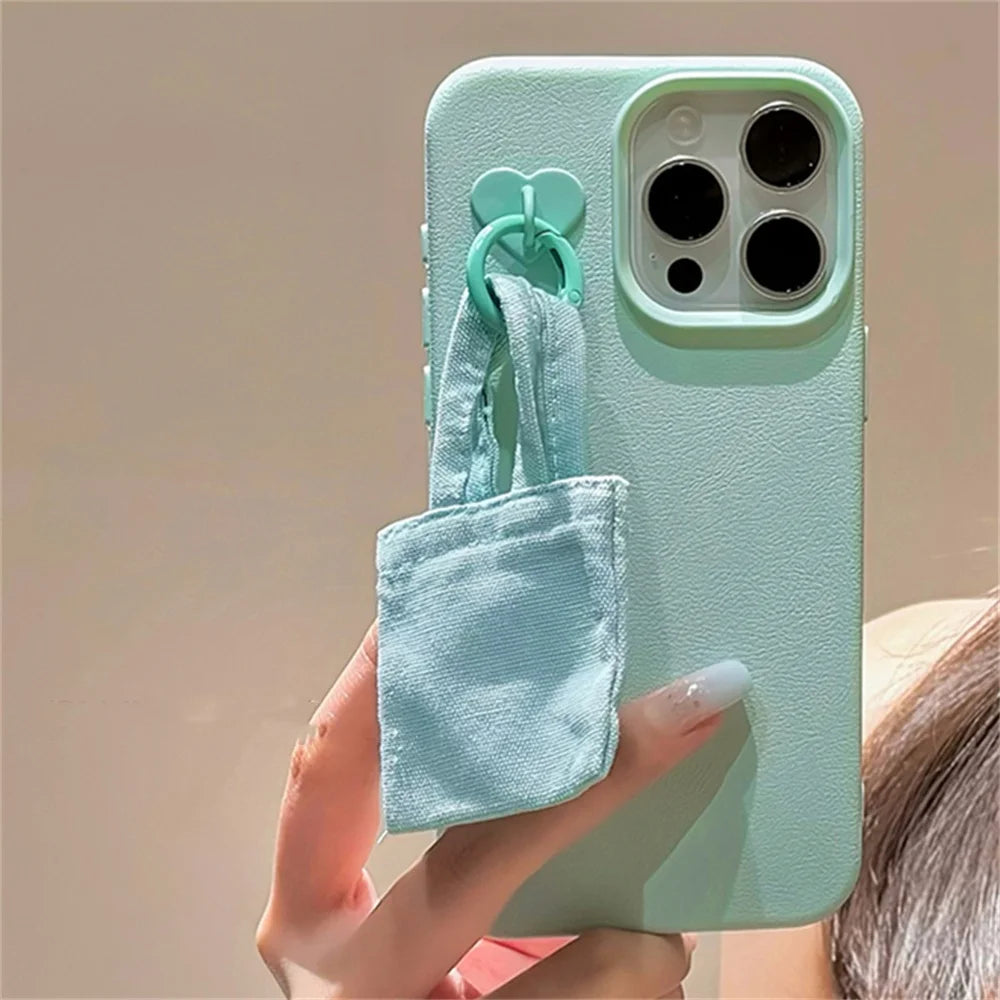 INS Lychee Pattern Leather Bag Pendant Phone Case For iPhone 15 13 14 Pro Max Plus Korea Girl 2-IN-1 Silicone Back Cover