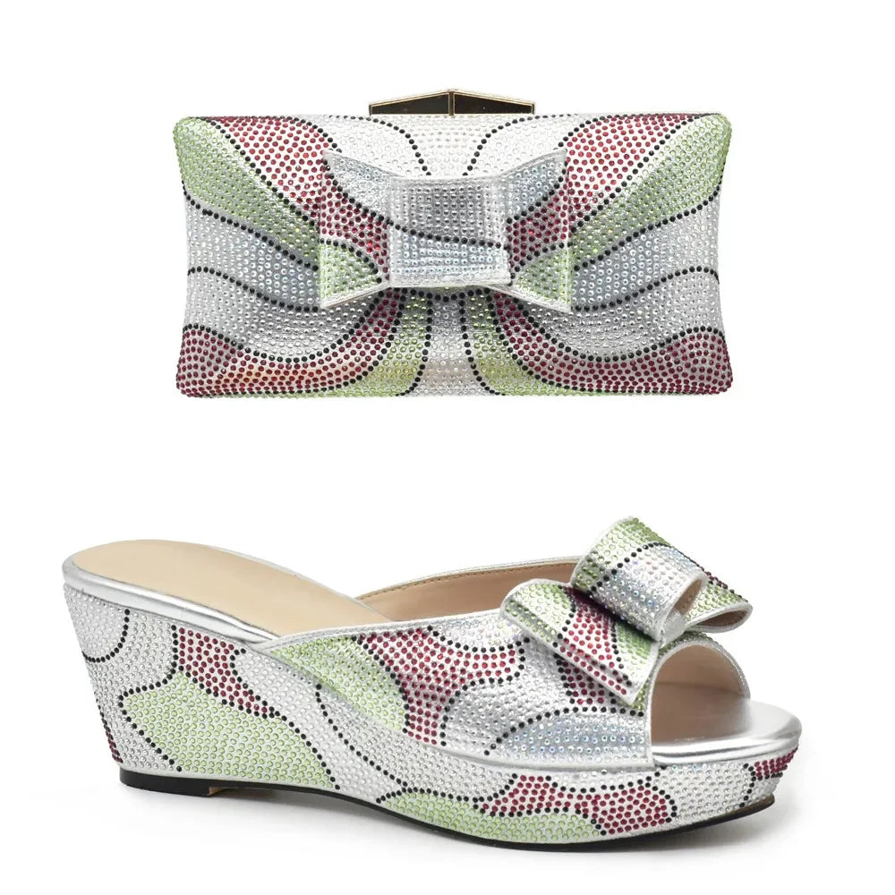 Design Italian Shoes and Bags Matching Set Decorate with Rhinestone Wedges Shoes for Women Luxury Round Toe Platform Shoes