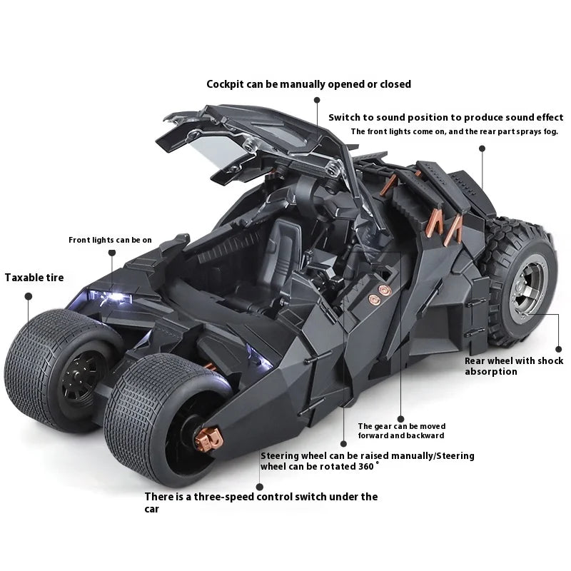 1:18 Batmobile Tumbler Alloy Diecast Model Sound Light Car Spray Function Toy Display Ornament Toys For Gift For