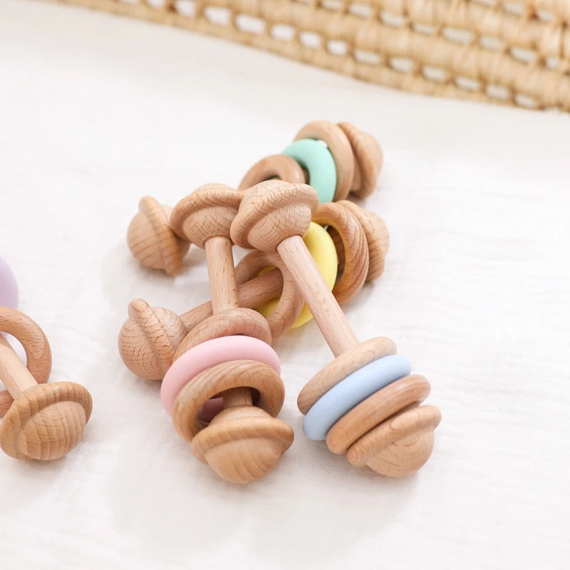 1pc Baby Toys Beech Wooden Rattle Hand Bells Toys Of Newbron Montessori Educational Toys Mobile Rattle Wooden Ring Baby Products