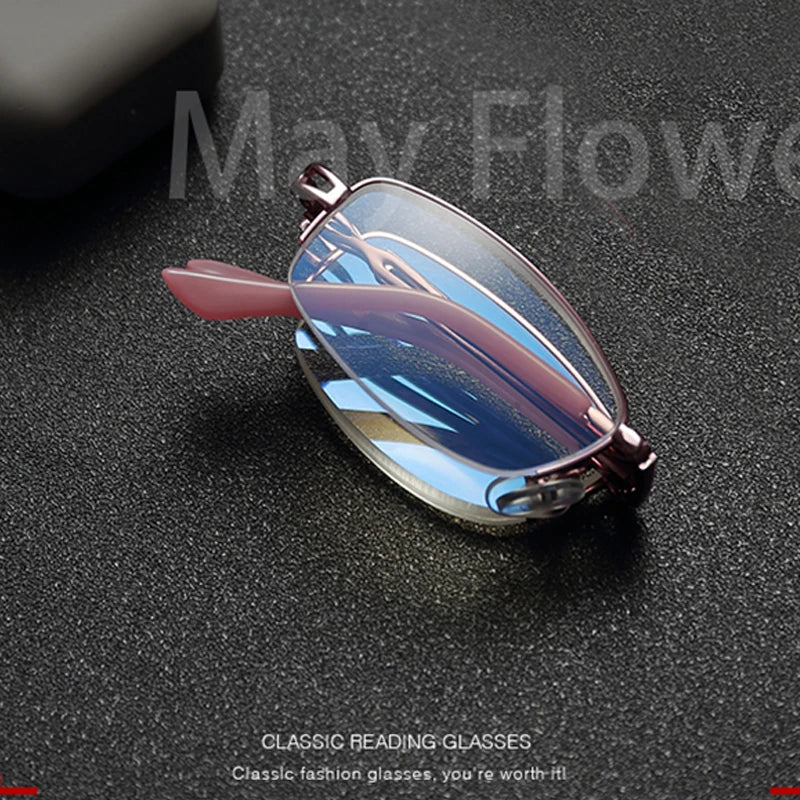 Pink Folding Reading Glasses with Blue Light Blocking Lenses and Alloy Frame