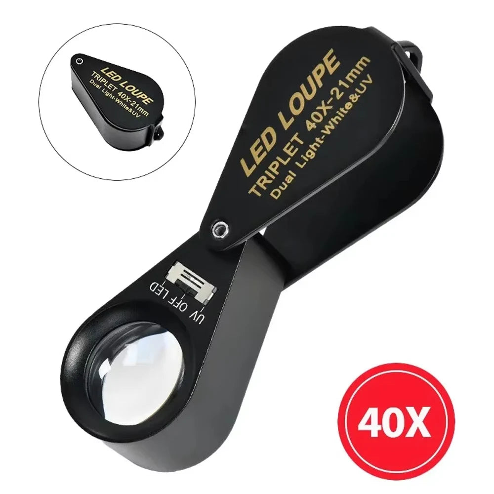 10X–40X LED UV Jewelry Loupe Magnifier Foldable Metal