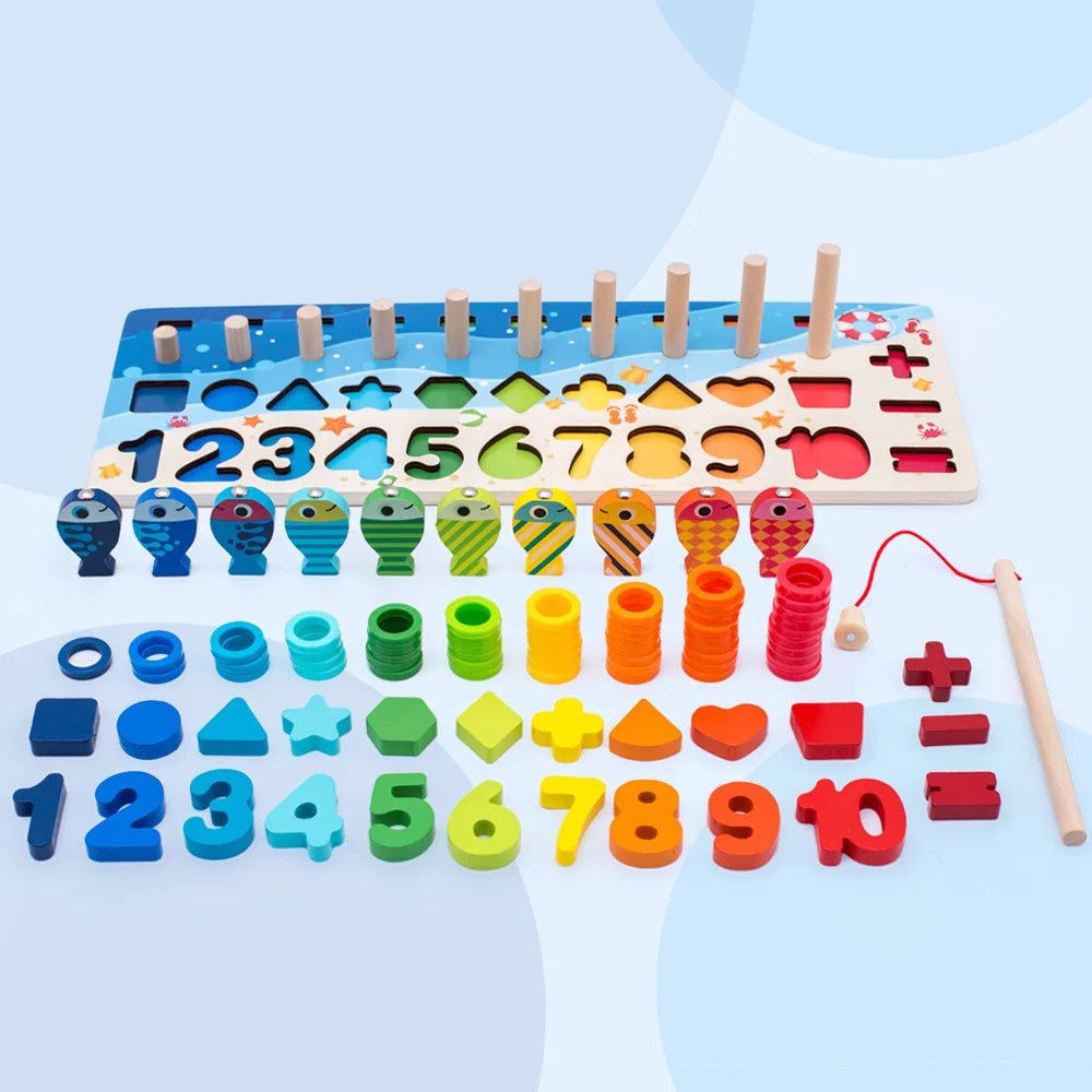 3D Preschool children educational toys wooden Montessori arithmetic magnetic fishing digital shape matching building block toys