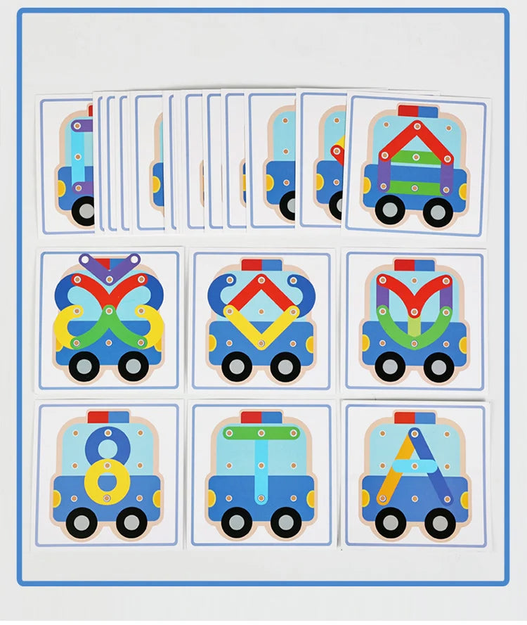 Wooden Geometric Pegboard Construction and Pattern Puzzle Set