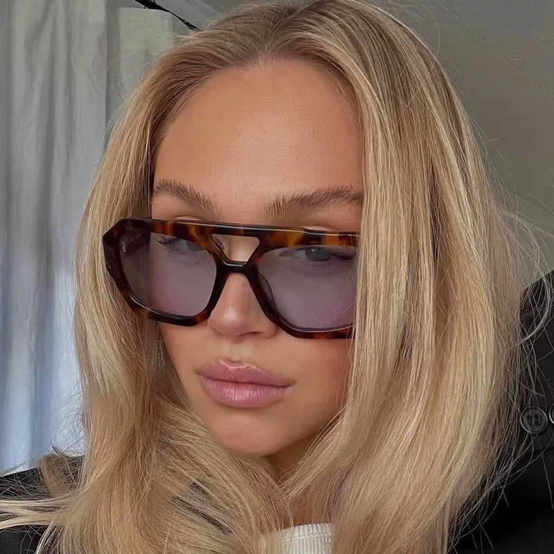 Big Frame Women's Sunglasses Retro Double Bridges Leopard Brown Gradient Eyewear Fashion Luxury Designer Sun Glasses