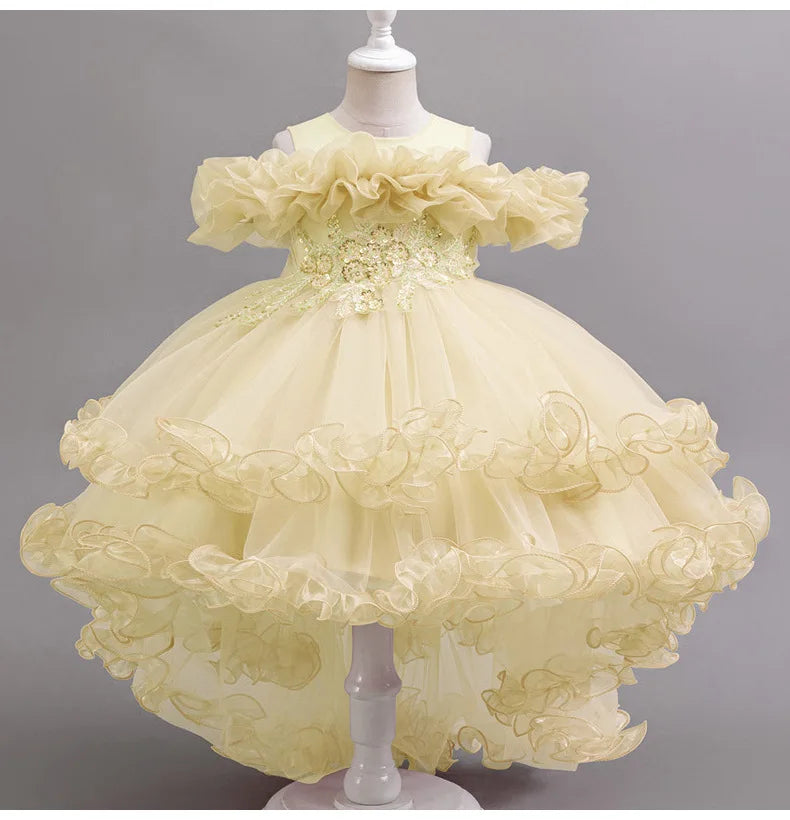 Luxury Off-Shoulder Girls' Dress - Convertible Tulle Ball Gown for Birthday Parties & On-Stage Events