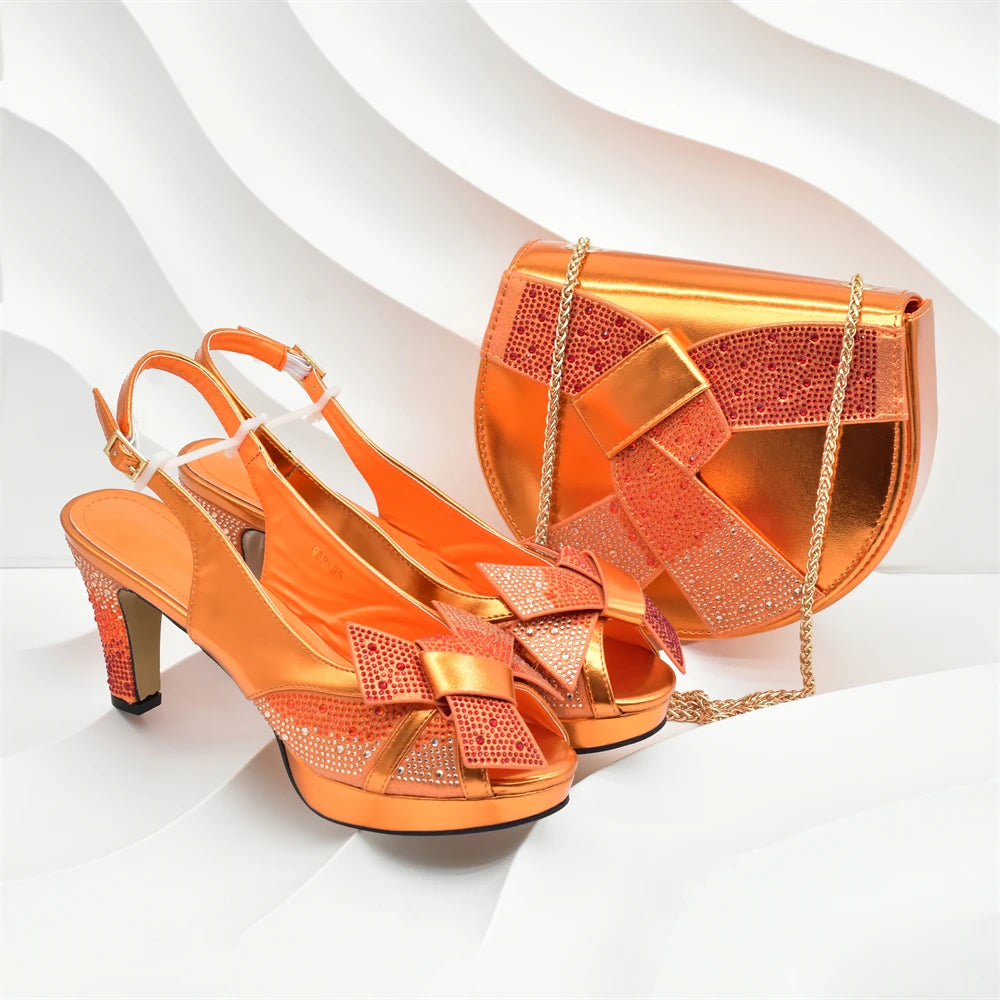 New Design African Shoe and Bags Set for Wedding Luxury Designer High Heels Full Rhinestone Pumps Women Shoes and Bag Set Italy