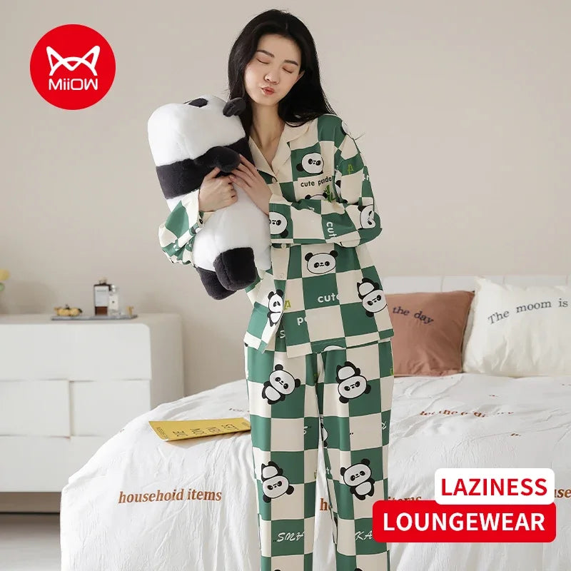 Women’s Winter 100% Cotton Pajama Set – Loose Fit, Turn-Down Collar, Long Sleeves, Cute Pink