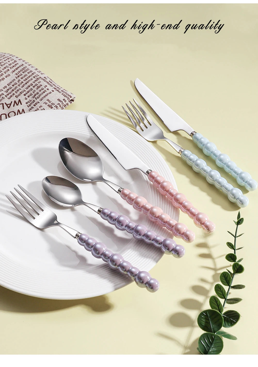 4Pcs Luxury Dinnerware Set Ceramic Pearl Handle Stainless Steel Spoon and Fork Set Western Silver Cutlery High-looking Tableware