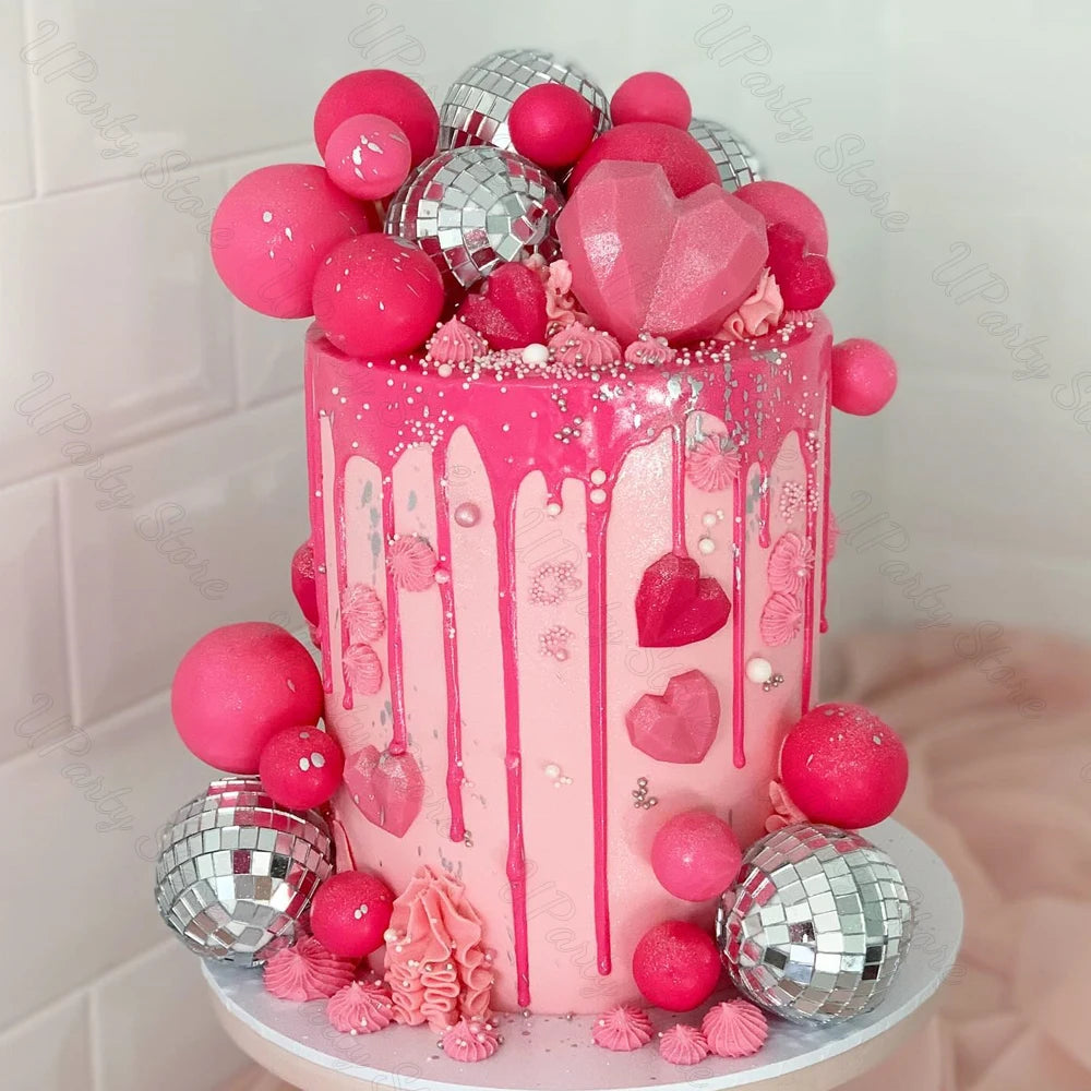 30Pcs Hot Pink Cake Balls Topper  Pink Silver Glitters Disco Balls Cake Toppers for Wedding Disco Birthday Cake Decor Supply