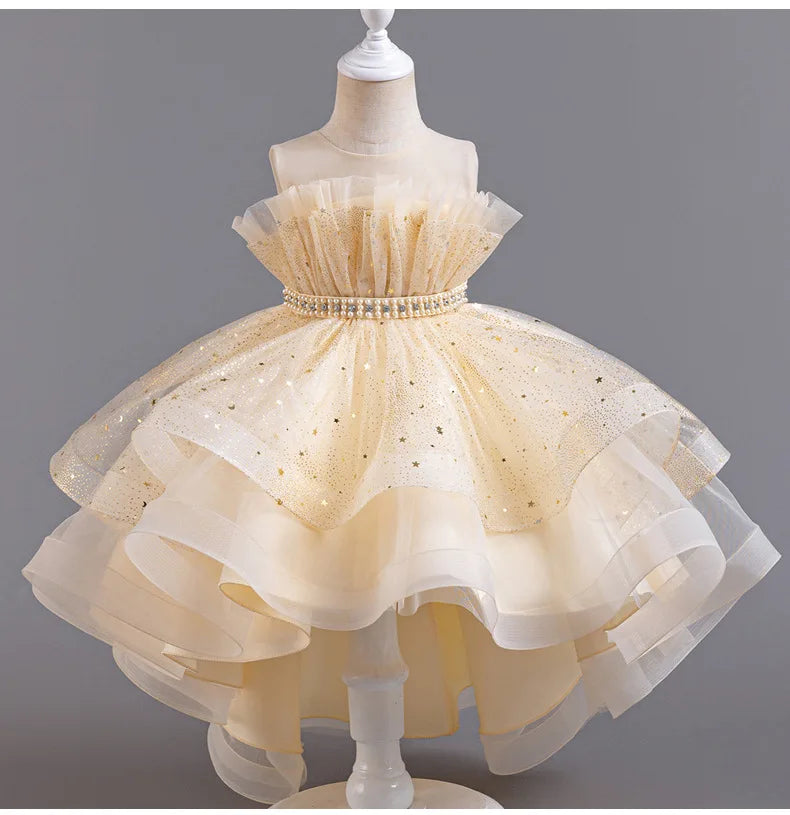 Elegant Girls' Performance Gown - Sleeveless Tulle Dress with Train for Piano Recital & Walk Show