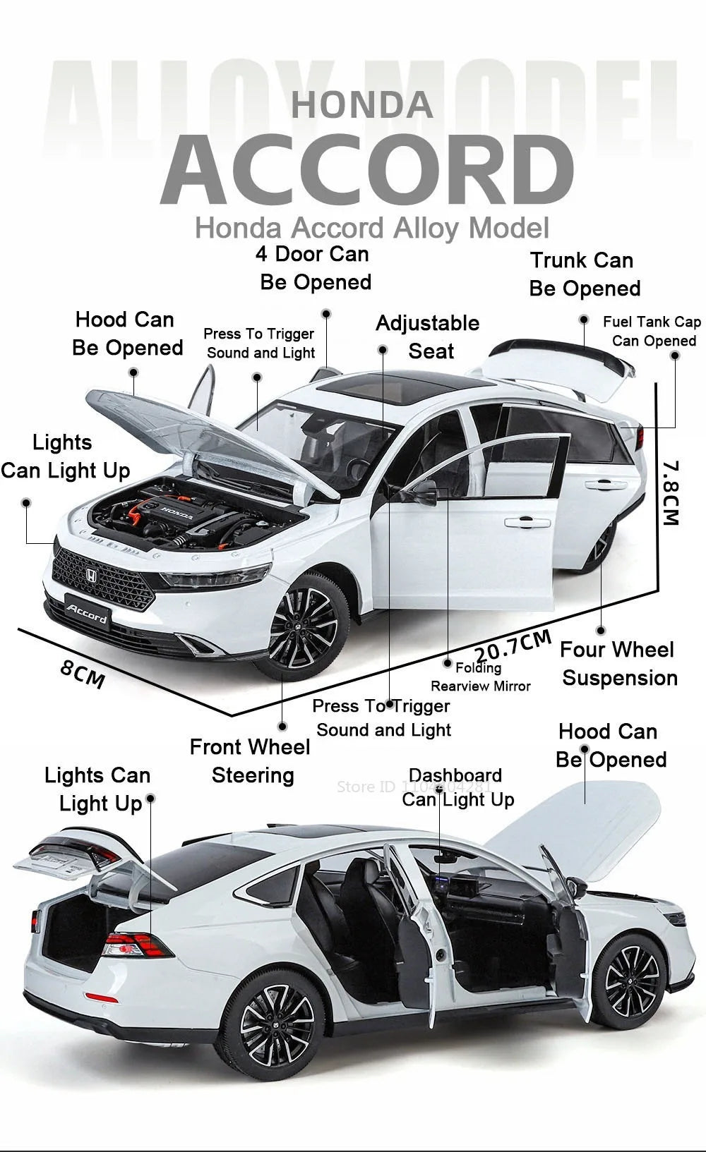 1:18 X5M Honda Accord Car Toys Alloy Diecast Models Shock Absorption Doors Opened Front Wheel Steering Vehices Desktop Ornament