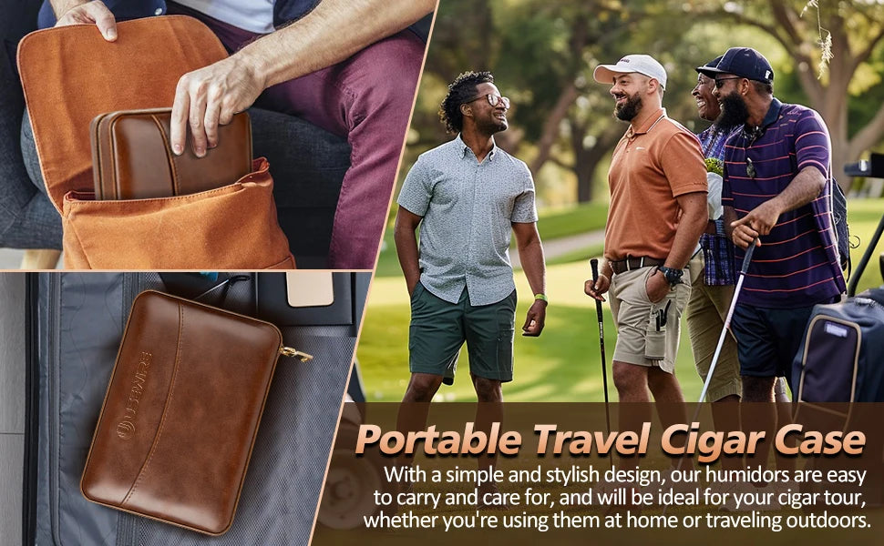 Leather Cigar Humidor with Cigar Lighter,Built-in Straight Cigar Cutter and Cigar Punch,Humidifier and Cedar Tray