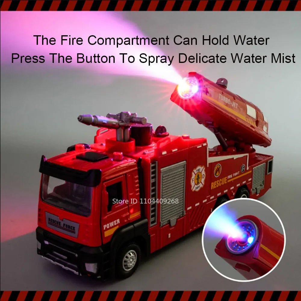 1:32 Water Spray Fog Fire Truck Model Sweeper Toy Car Sound Light Pull Back Doors Opened Vehicles Collection  Gifts