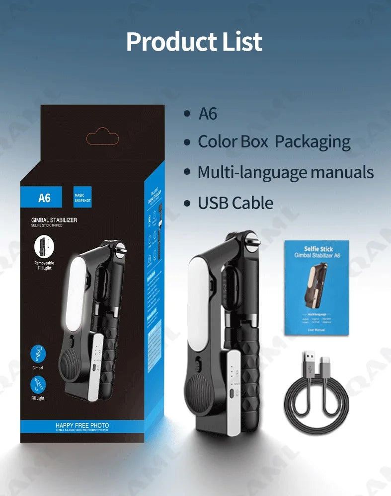 A6 2025 1-axis handheld gimbal stabilizer w/ selfie stick/tripod, wireless remote, 400mAh Li-ion battery, USB charging, iOS