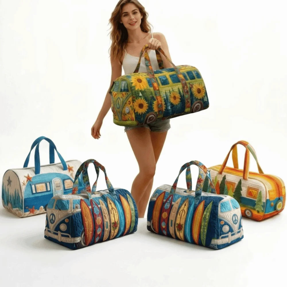 3D Quilted Bus Print Travel Duffle Bag Large Capacity Gym Tote