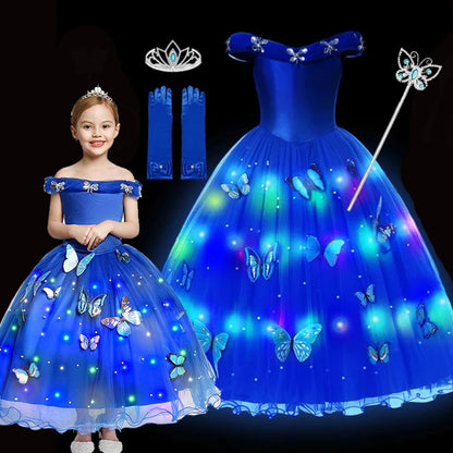 Led Light up Girls Cinderella Princess Dress Disney Cinderella Cosplay Christmas New Year Party Costume Kids Birthday Gown