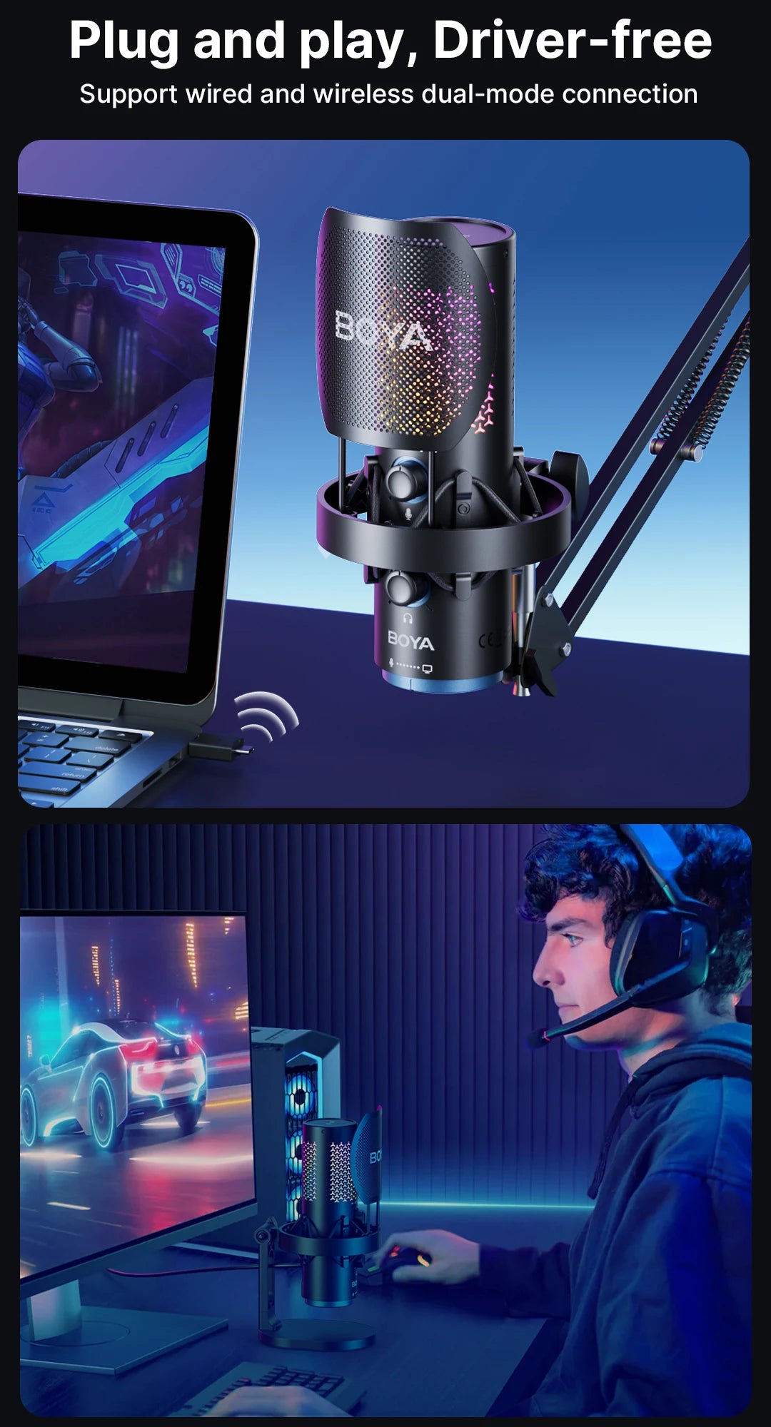 K5 USB Microphone for Gaming Live Streaming on PC Mac,Headphone Jack/Touch-Mute Button/RGB/AI Noise Reduction/Gain Control
