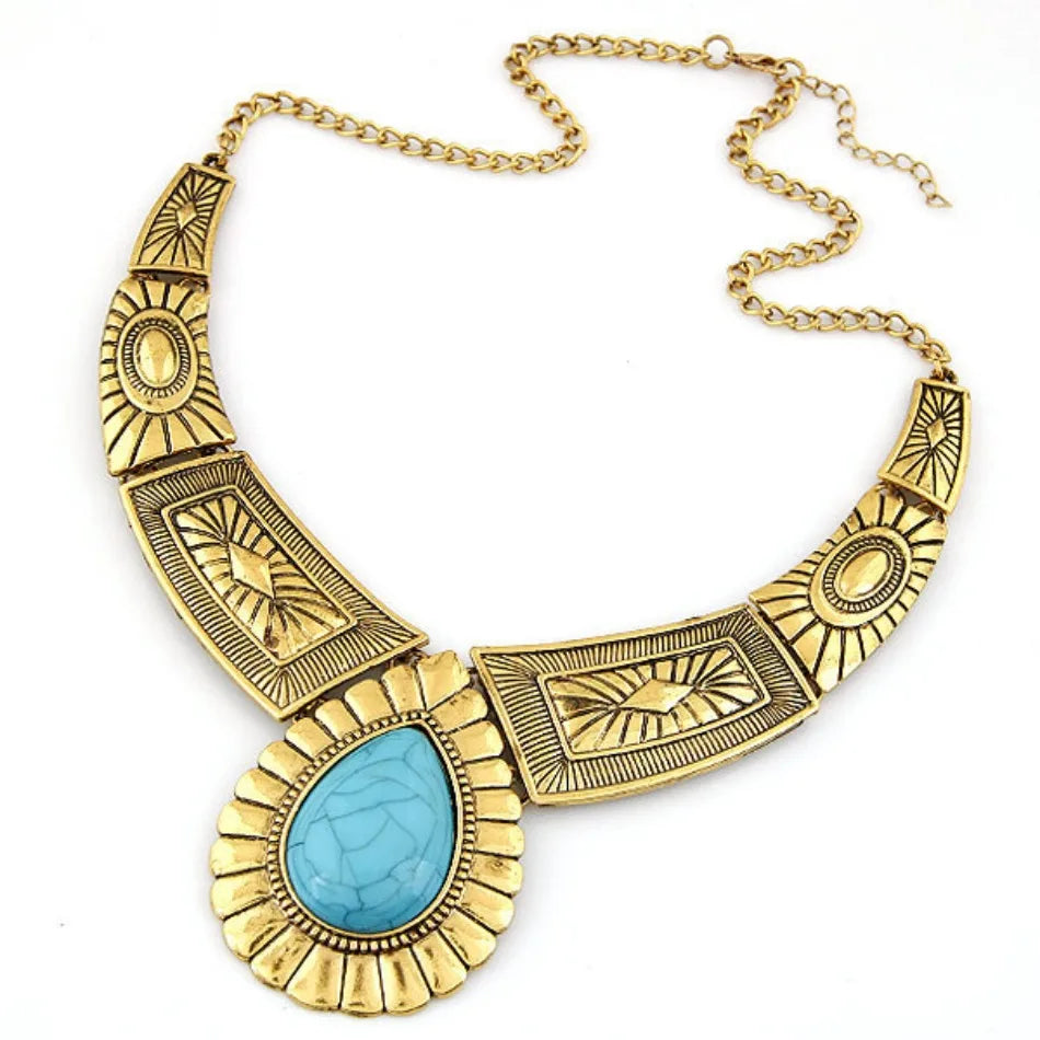 Girls Jasmine Dress Up Jewelry Aladdin Cosplay Metal Exaggerated Droplet Tnecklace with Retro Turquoise Pattern Collarbone Chain