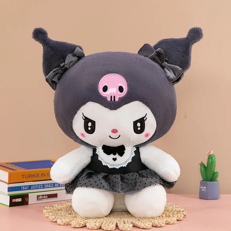 Kawaii Kuromi My Melody Plush Toy with Black Bow Skirt Cute Hello Kitty Stuffed Doll for Kids Birthday Xmas Gift Large Size Toy