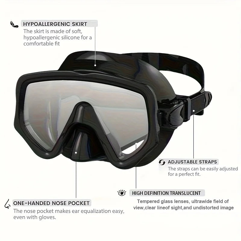 Snorkel Mask Swimming Goggles Scuba Diving Silicone Skirt Tempered Glass Len Wide View Training With Nose Cover Adjustable Strap