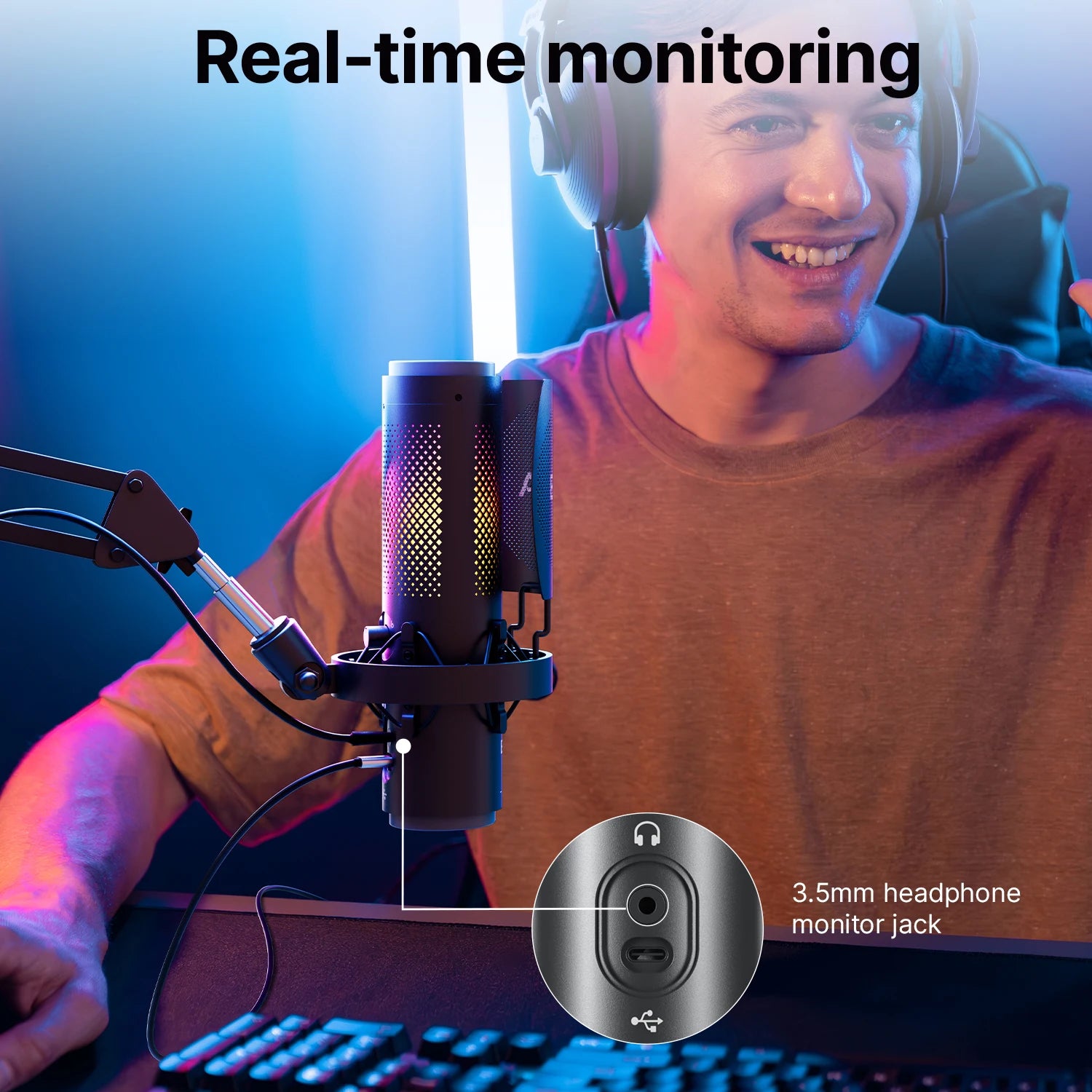 K9 USB Condenser Microphone with RGB Control/Headphone jack/Mute,MIC for PC PS4 PS5 Mac Gaming AmpliGame Youtueb Recording