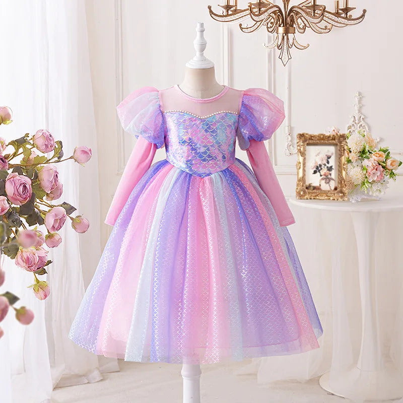 Mermaid Princess Dress - Long Sleeve Sparkling Gown  Girls Elegant Party Dress for Birthday & Stage