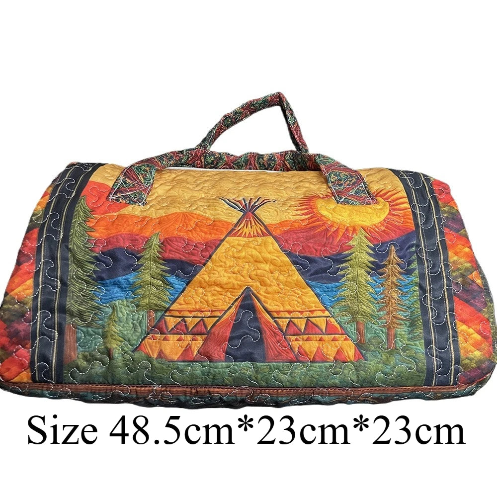 Handmade Quilted Travel Bag Vintage Artistic Camper Nature Duffle Bag Boho Weekender Tote for Men Women Camping Hiking Road Trip