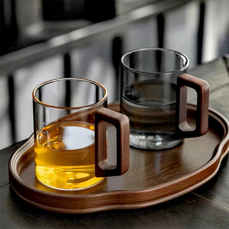 400ml Heat-resistant Glass Cups with Walnut Handle Household Flower Tea Mug Tea Making Cup Milk Water Cup