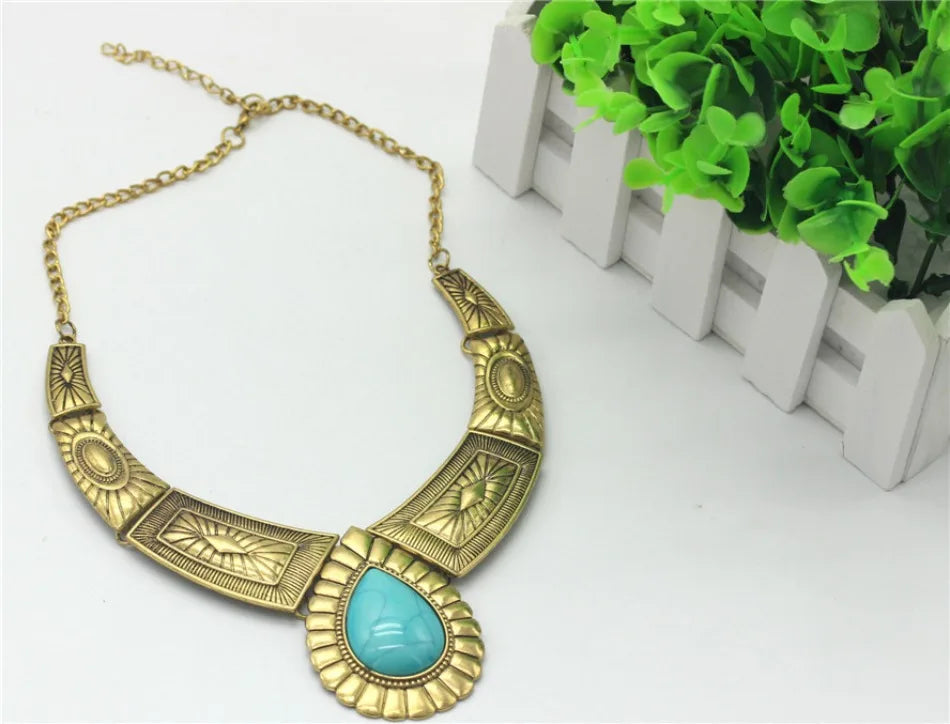 Girls Jasmine Dress Up Jewelry Aladdin Cosplay Metal Exaggerated Droplet Tnecklace with Retro Turquoise Pattern Collarbone Chain