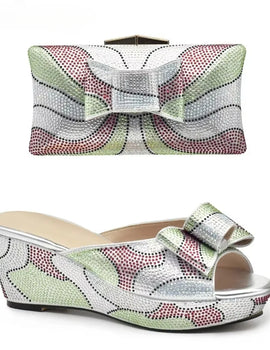 Design Italian Shoes and Bags Matching Set Decorate with Rhinestone Wedges Shoes for Women Luxury Round Toe Platform Shoes