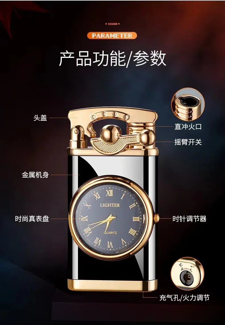 Rocker Arm Dial Metal Gas Lighters Jet, Butane Torch, Real Watch Lighter, Cigarette Cigar Lighter, Smoking Gadgets for Men
