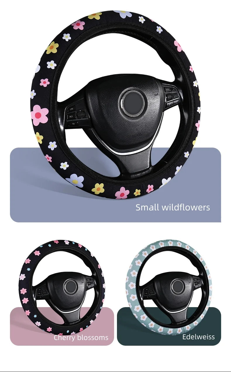 Floral Flannelette Car Steering Wheel Cover Anti Slip 38CM