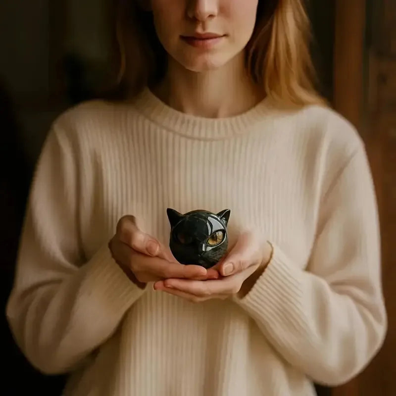 Cat Head Statue - Elegant Marble-like Glossy Resin Sculpture with Golden Eyes & Black Marble Texture,Desktop Decor for Home/Offi