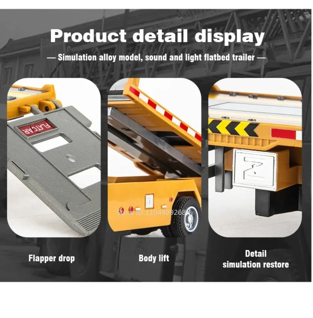 1:32 Flatbed Trailer Roadblock Transpot Truck Model Toy Alloy Diecast Vehicle Simulation Engineering Models Sound Light Gifts