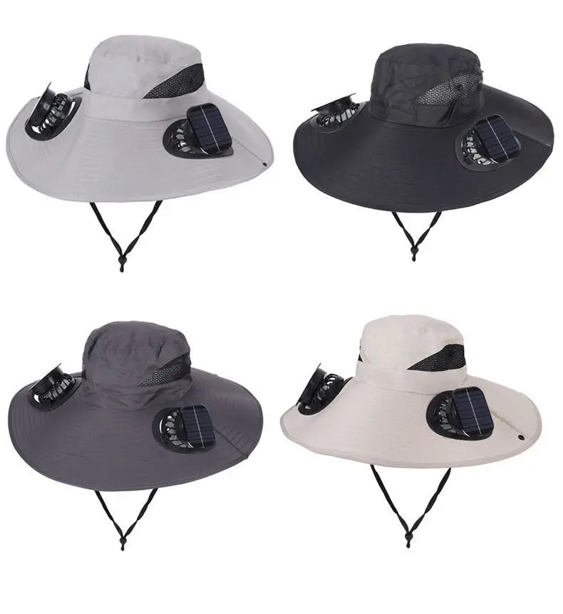 Wide Brim Solar Fan Hat With Dual Fans And USB Charging