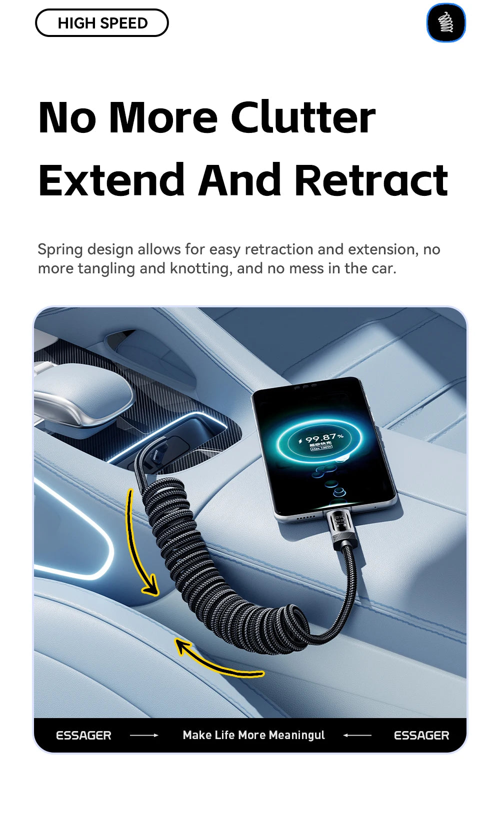 100W Car Spring USB-C to USB-C Fast Charging Cable (Retractable)