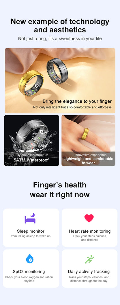 R06 Smart Ring with Charging Case for Men Women, Heart Rate and Blood Oxygen Monitor, IP68 & 5ATM Waterproof, Sport