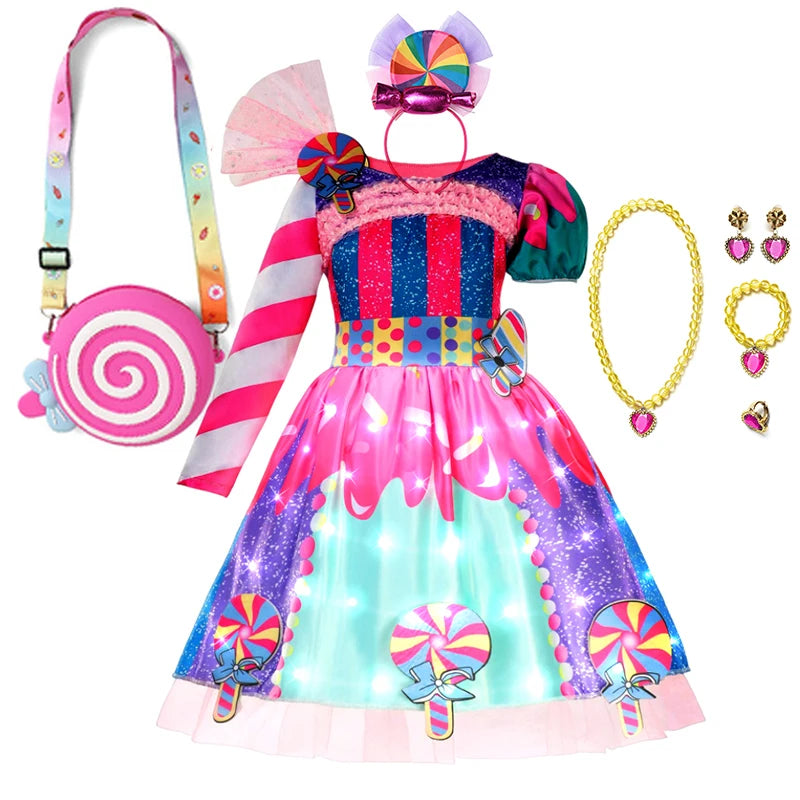 LED Light Up Princess Candy Dress For Girl Lollipop Party Clothing Kids Cosplay Costume New Years Dress 2-10Y