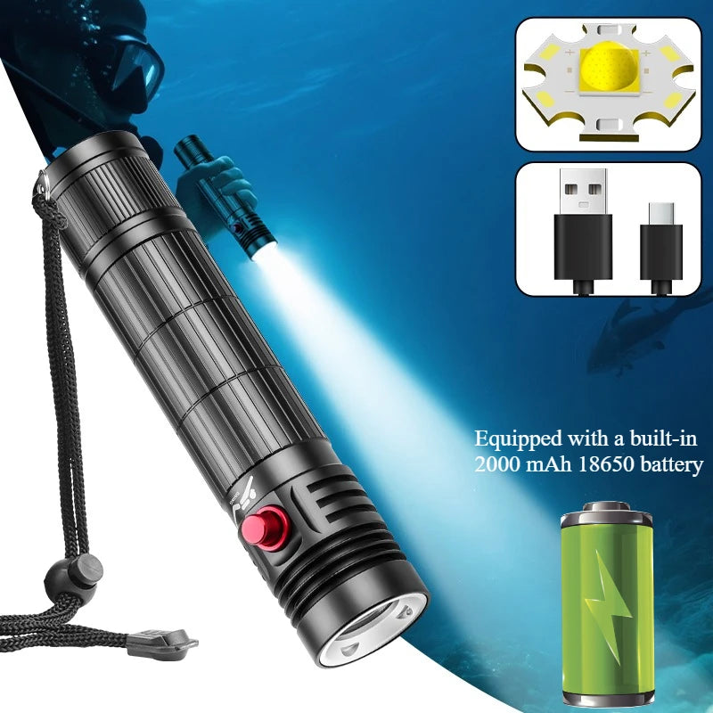 5000LM Professional Diving Flashlight IPX8 Waterproof Underwater LED Torch Rechargeable Dive Light