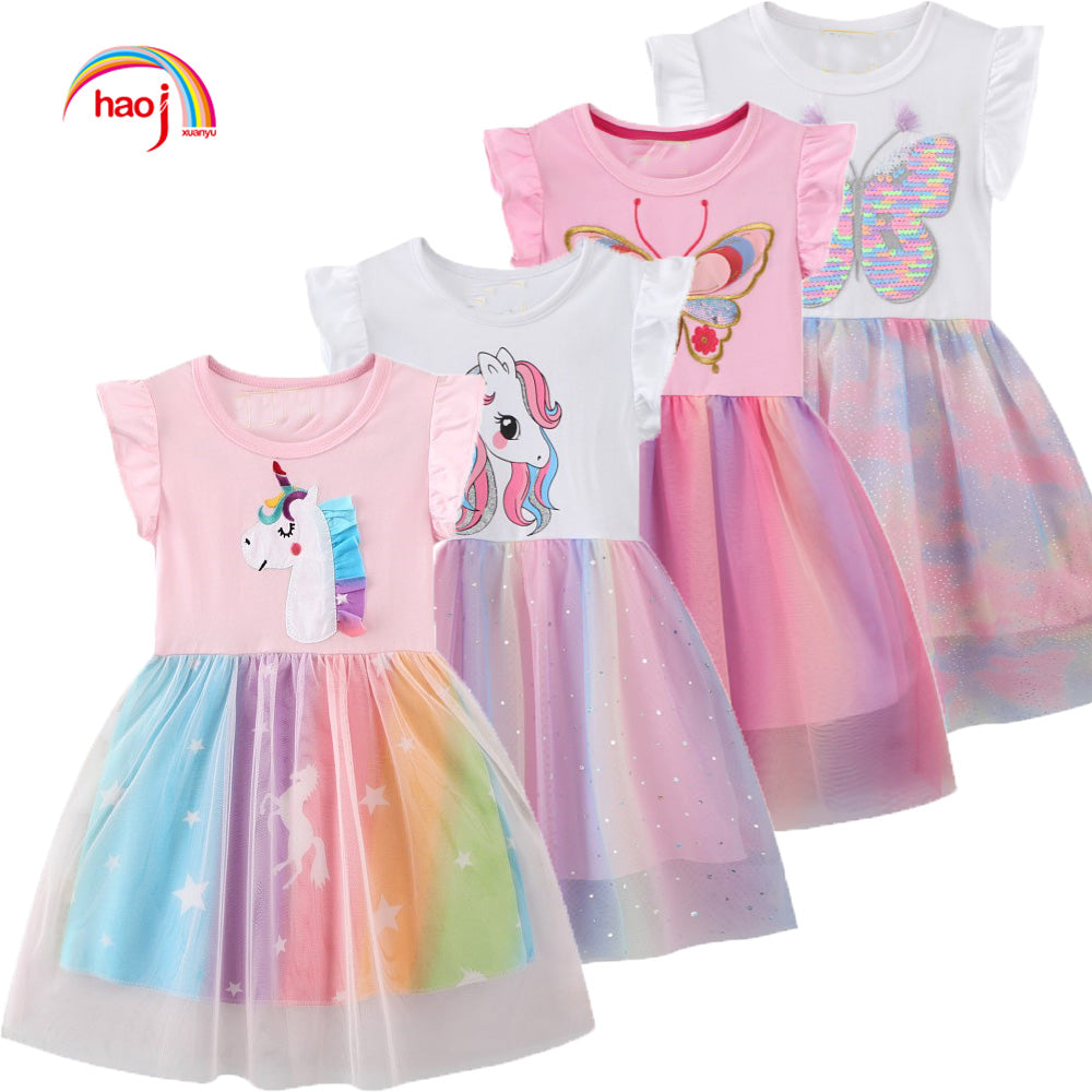 Unicorn Butterfly Princess Cotton Dress for Girls Summer Knee Length Dress