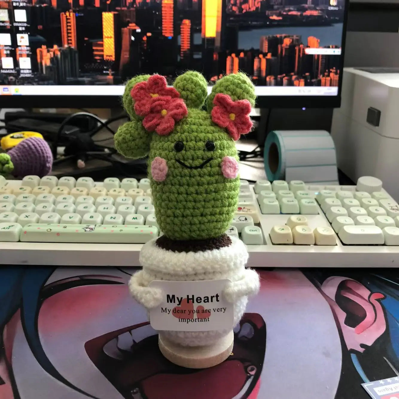 2 Pcs Funny Handmade Knitted Cactus Plants Ornament Home Room Decor Crochet Positive Cactus Doll With Emotional Card Christmas Gift